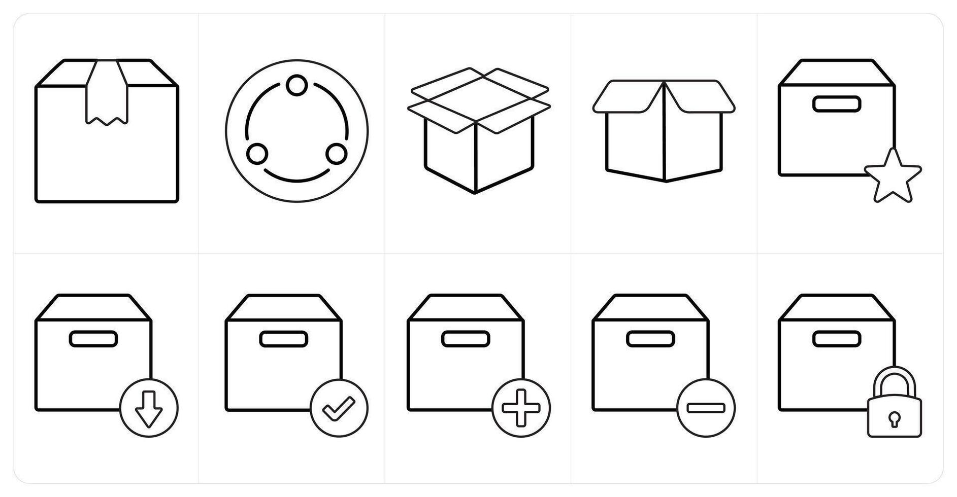 A set of 10 mix icons as parcel, network, box in black line color vector