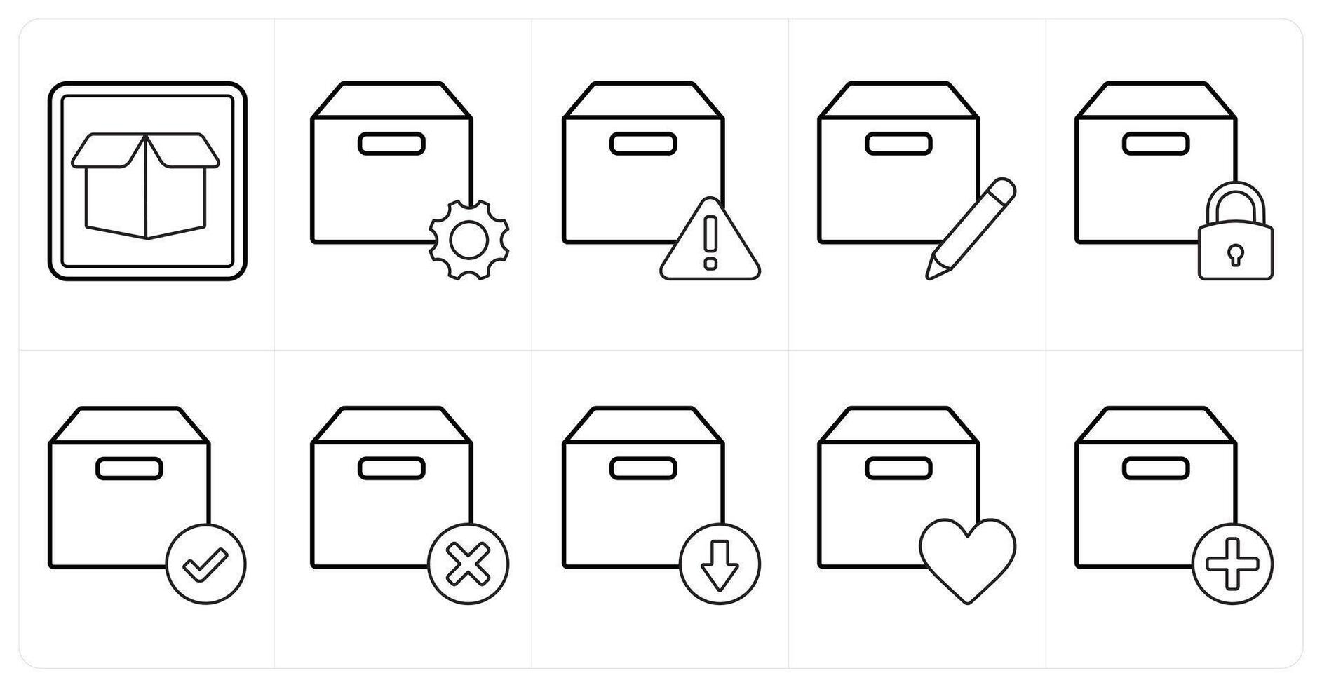 A set of 10 mix icons as drop box, box setting, box information in black line color vector