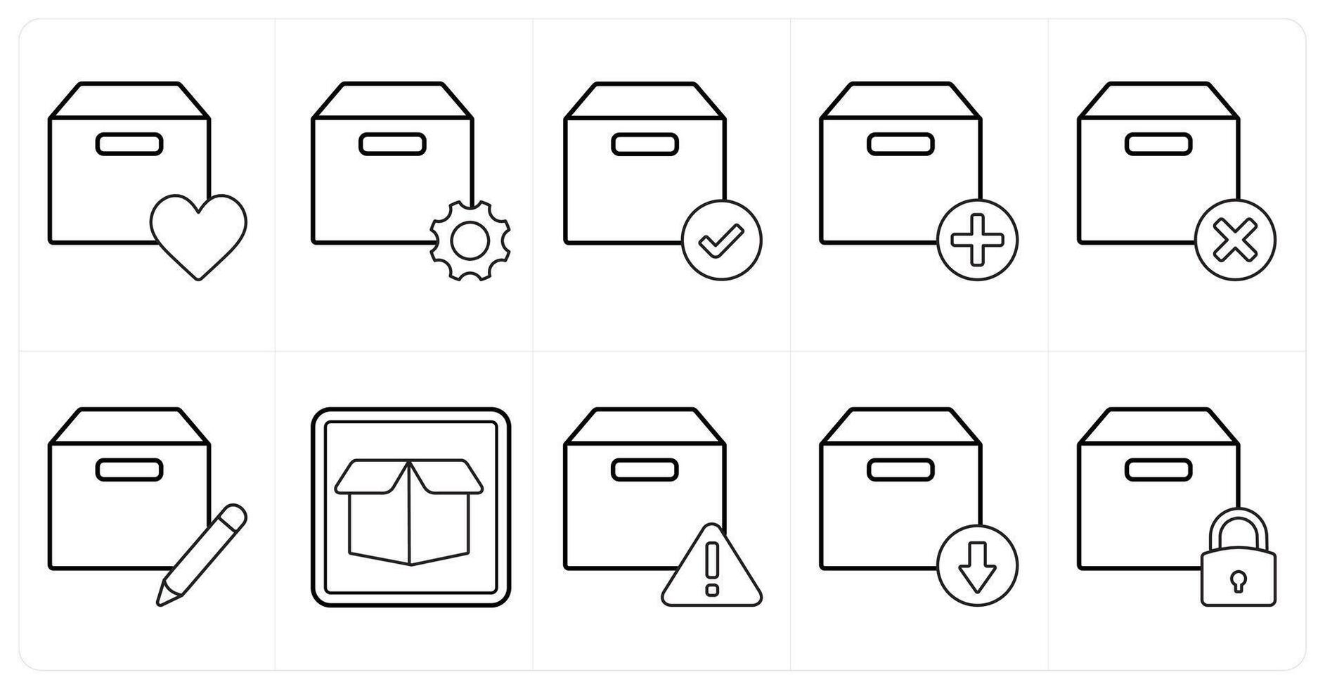 A set of 10 mix icons as favorite box, box setting, verified box in black line color vector