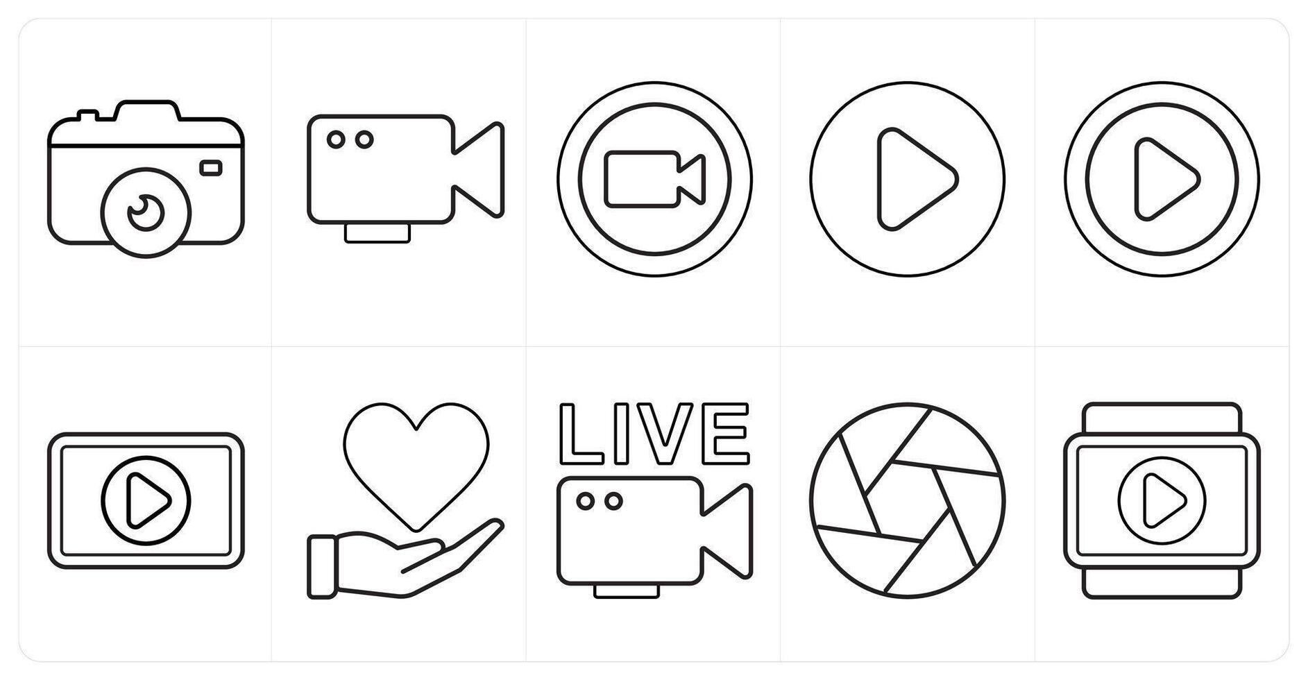 A set of 10 mix icons as camera, , call in black line color vector