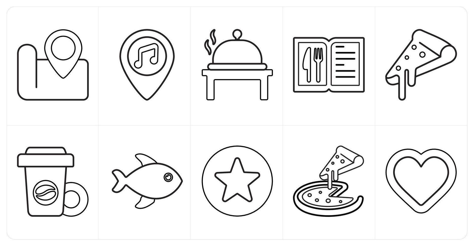 A set of 10 mix icons as location, bar location, cook in black line color vector