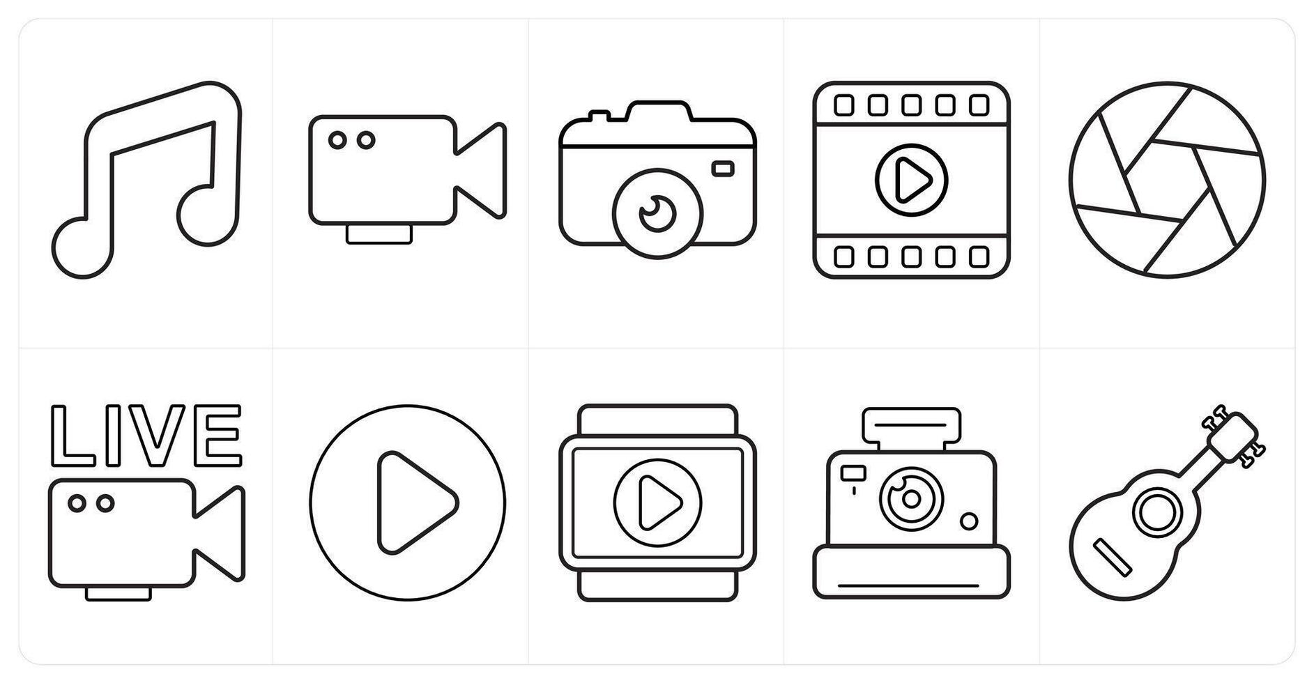 A set of 10 mix icons as music, , camera in black line color vector