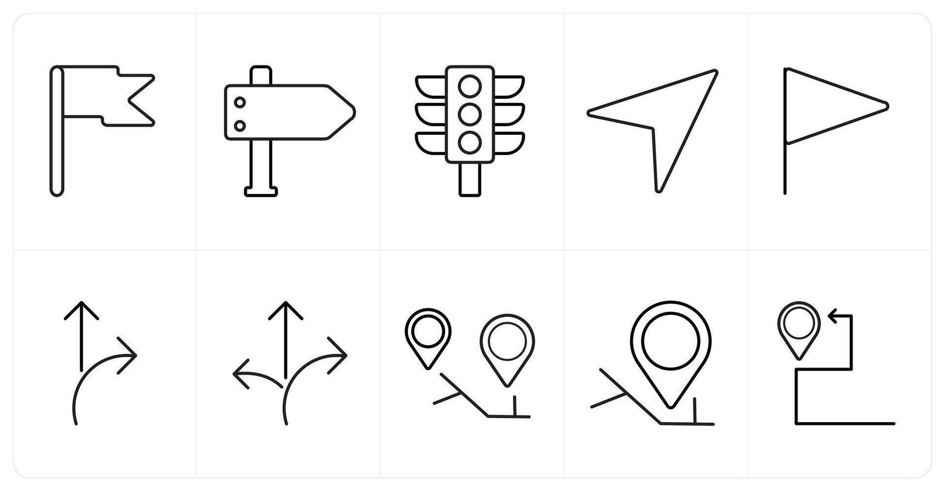 A set of 10 Navigation icons as signpost, arrow direction, traffic signal in black line color vector