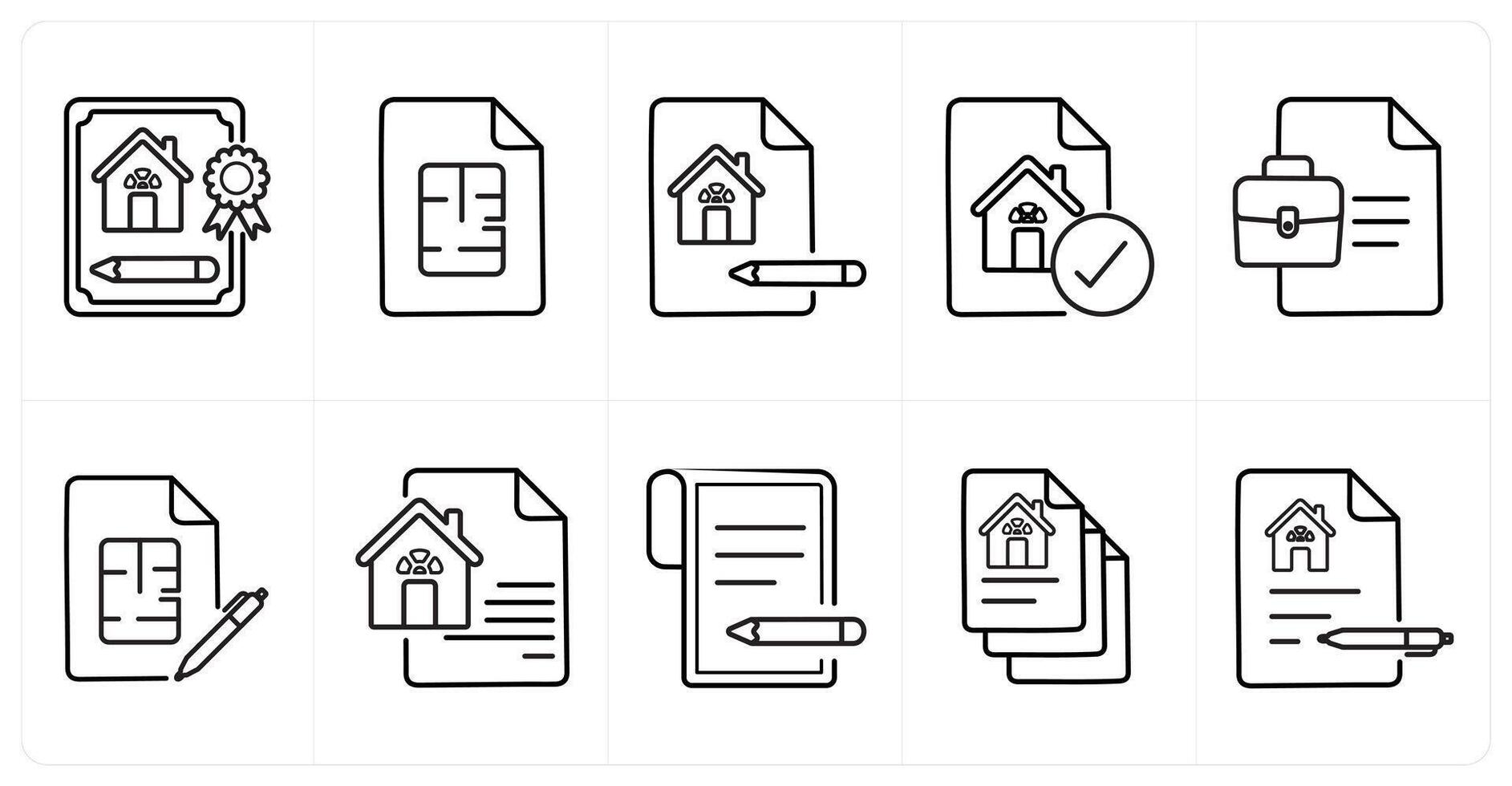 A set of 10 Real Estate icons as mortgage application, floor plan, property checklist, in black line color vector