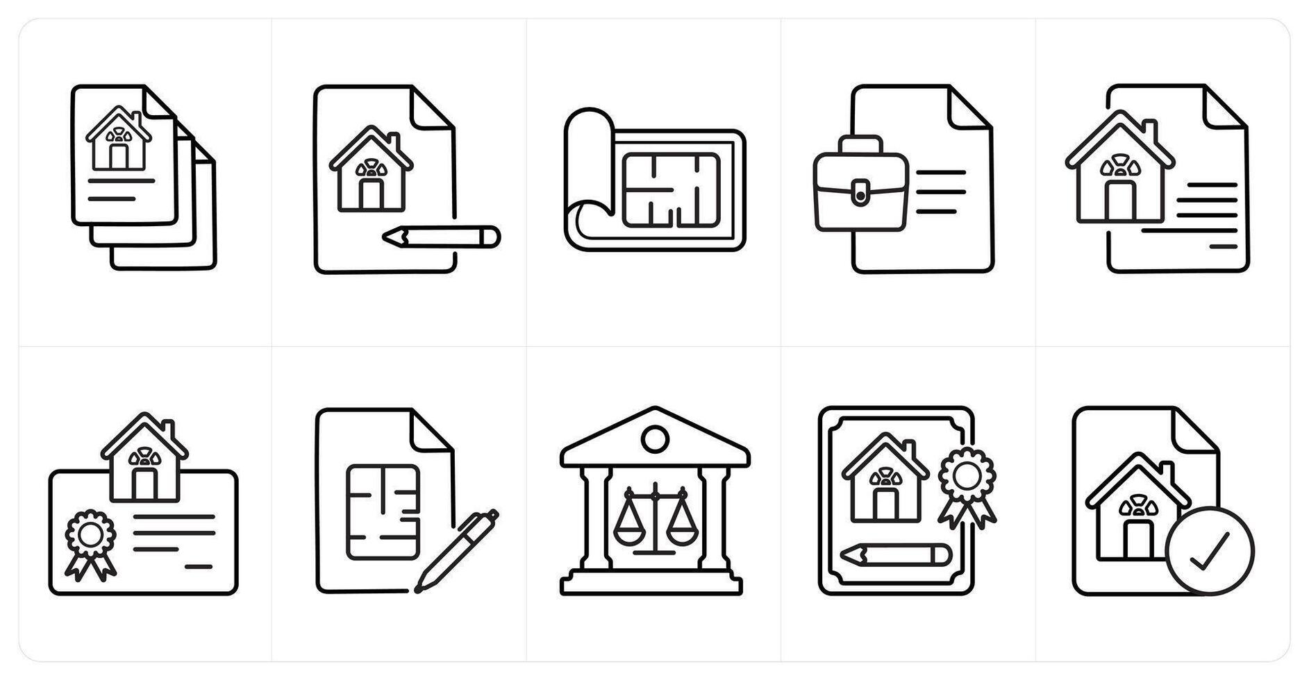 A set of 10 Real Estate icons as property paper, property checklist, blue print in black line color vector