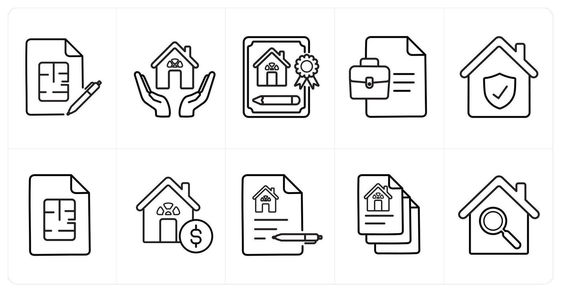 A set of 10 Real Estate icons as architectural terms, architect, family home in black line color vector
