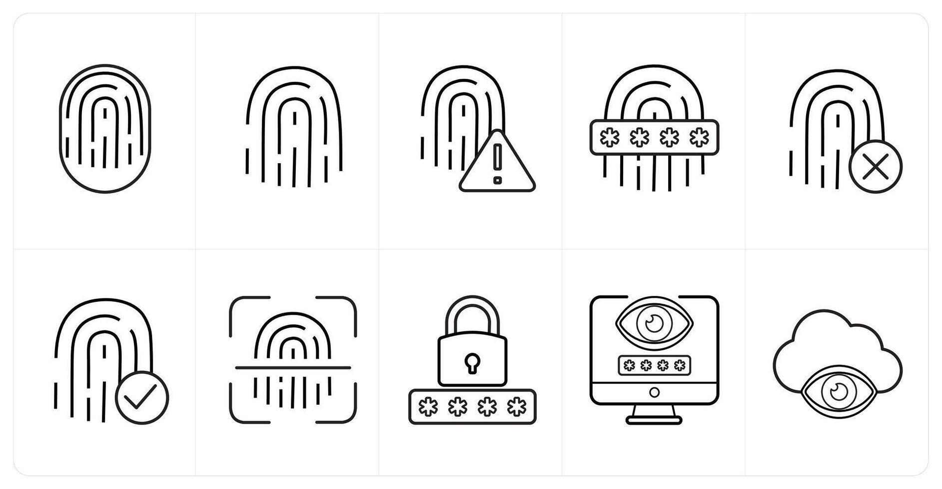 A set of 10 Security icons as fingerprint, fingerprint error, biometric in black line color vector