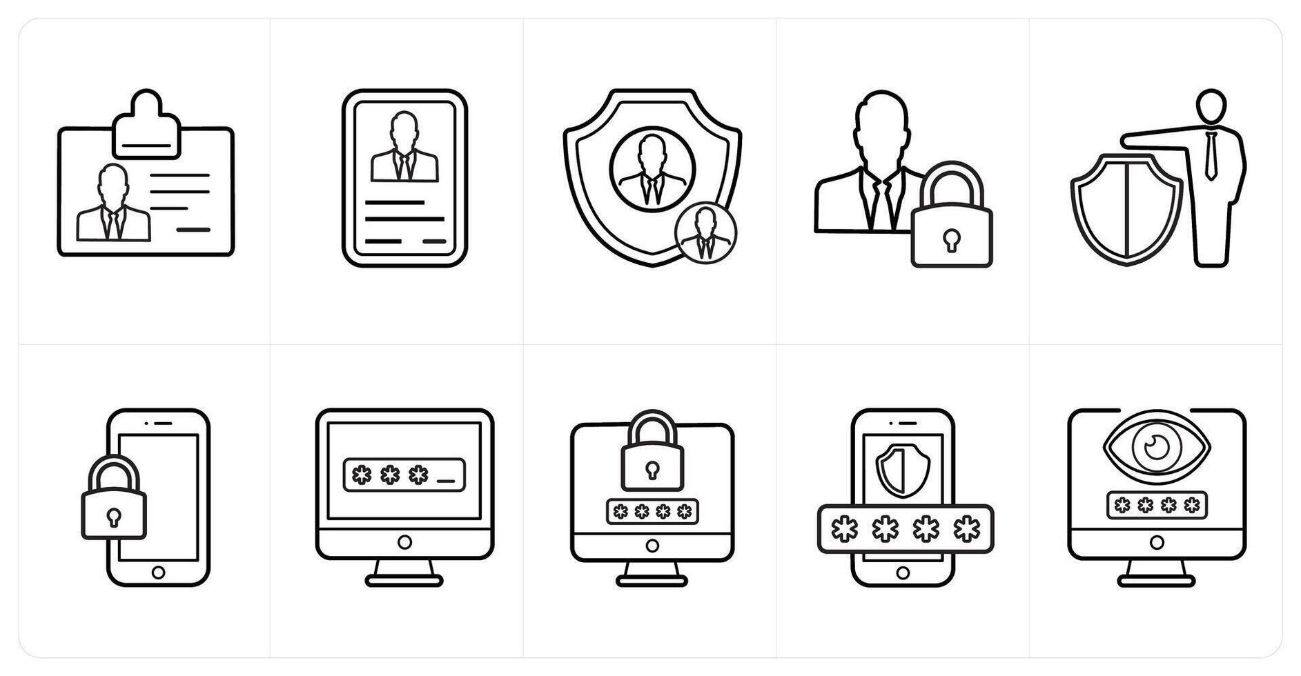 A set of 10 Security icons as id card, security administrator in black line color vector