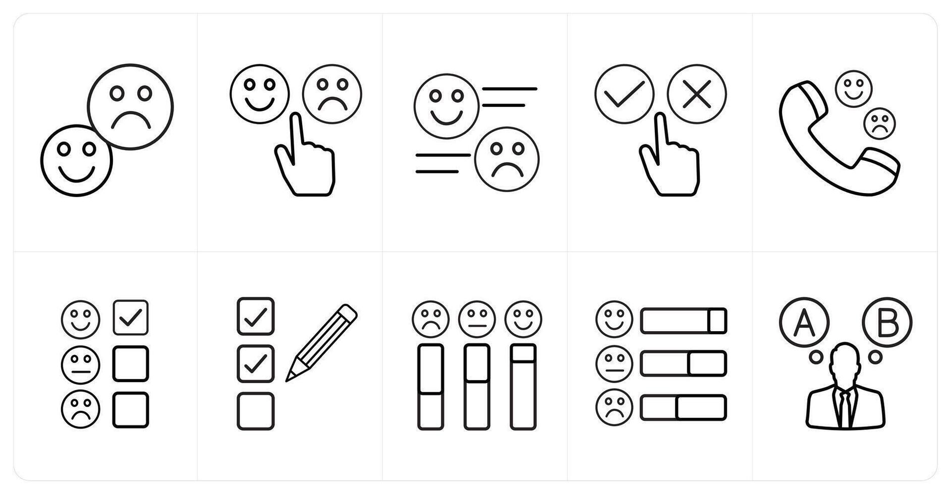 A set of 10 survey and ratings icons as response, feedback, survey in black line color vector