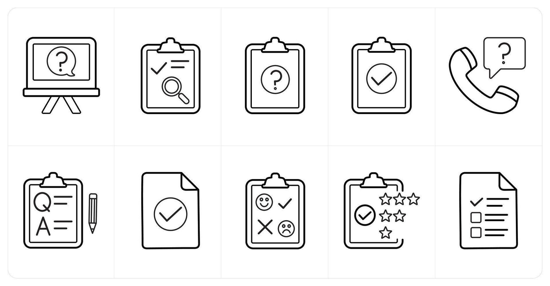 A set of 10 survey and ratings icons as question, checklist, survey in black line color vector