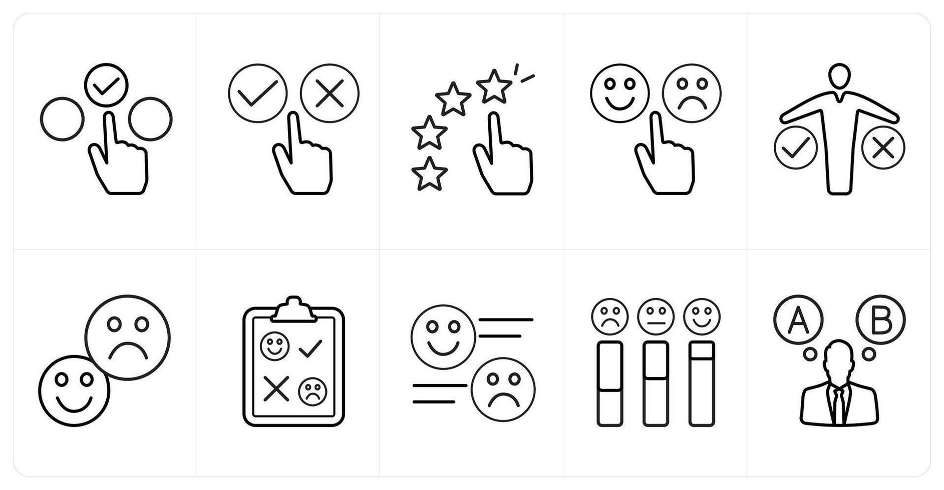 A set of 10 survey and ratings icons as choice, survey, star rating in black line color vector