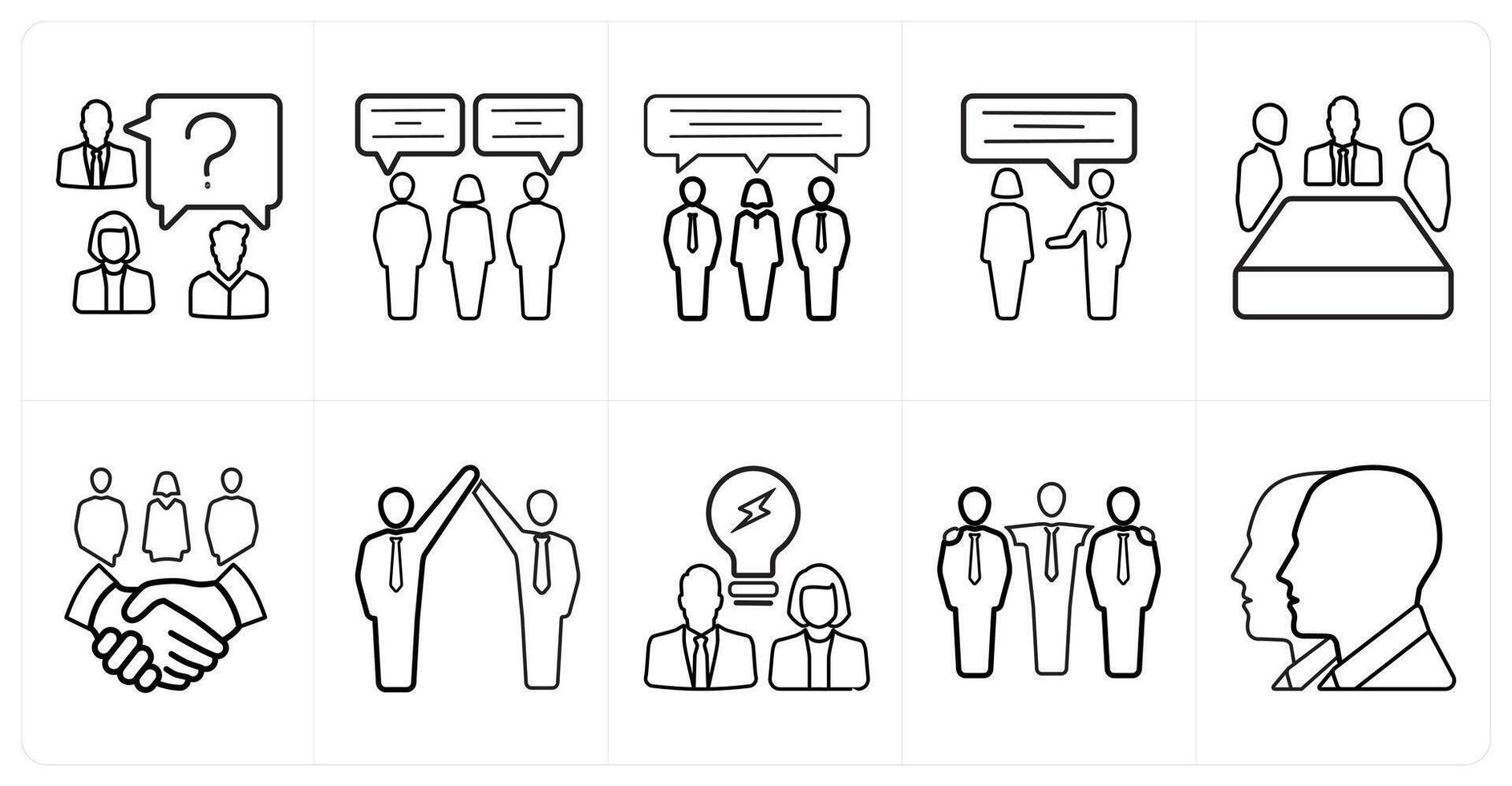 A set of 10 Teamwork icons as question, communication, conference in black line color vector