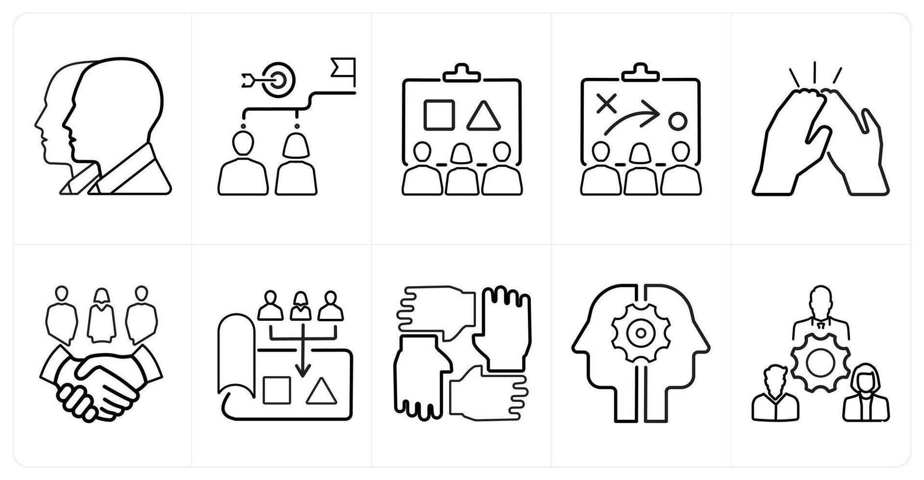 A set of 10 Teamwork icons as group people, target, planning in black line color vector