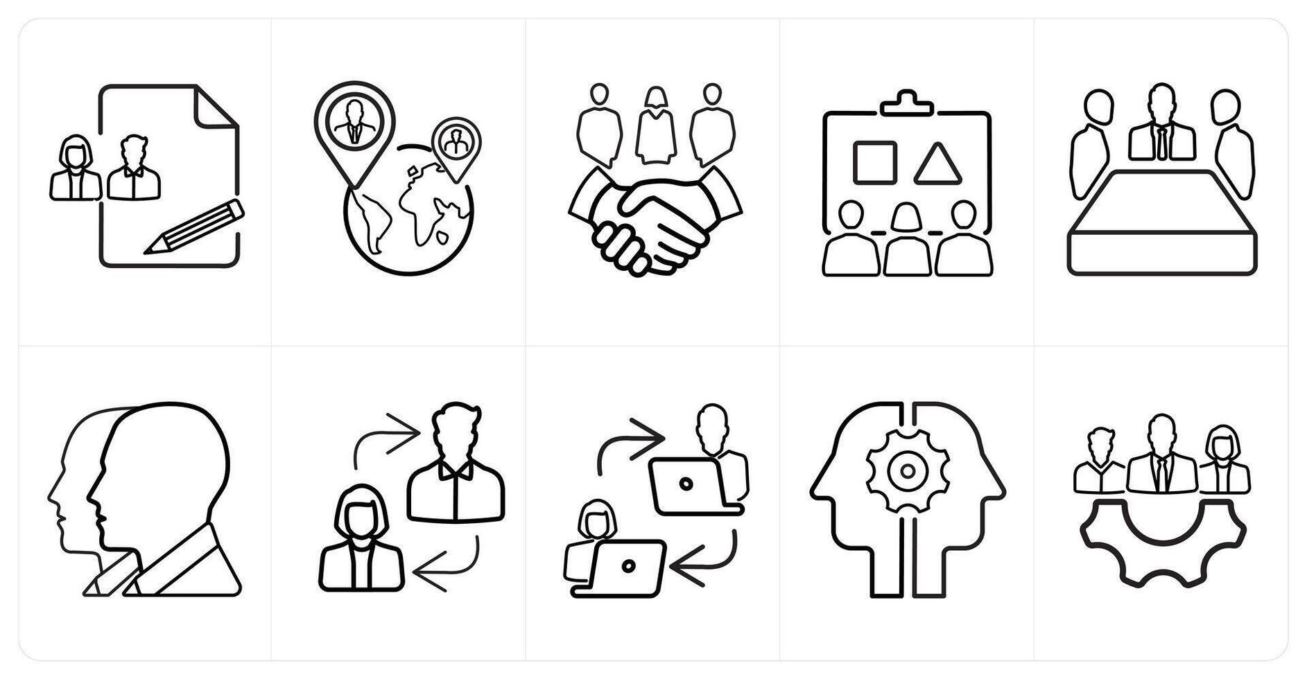 A set of 10 Teamwork icons as creative, international team, partners in black line color vector