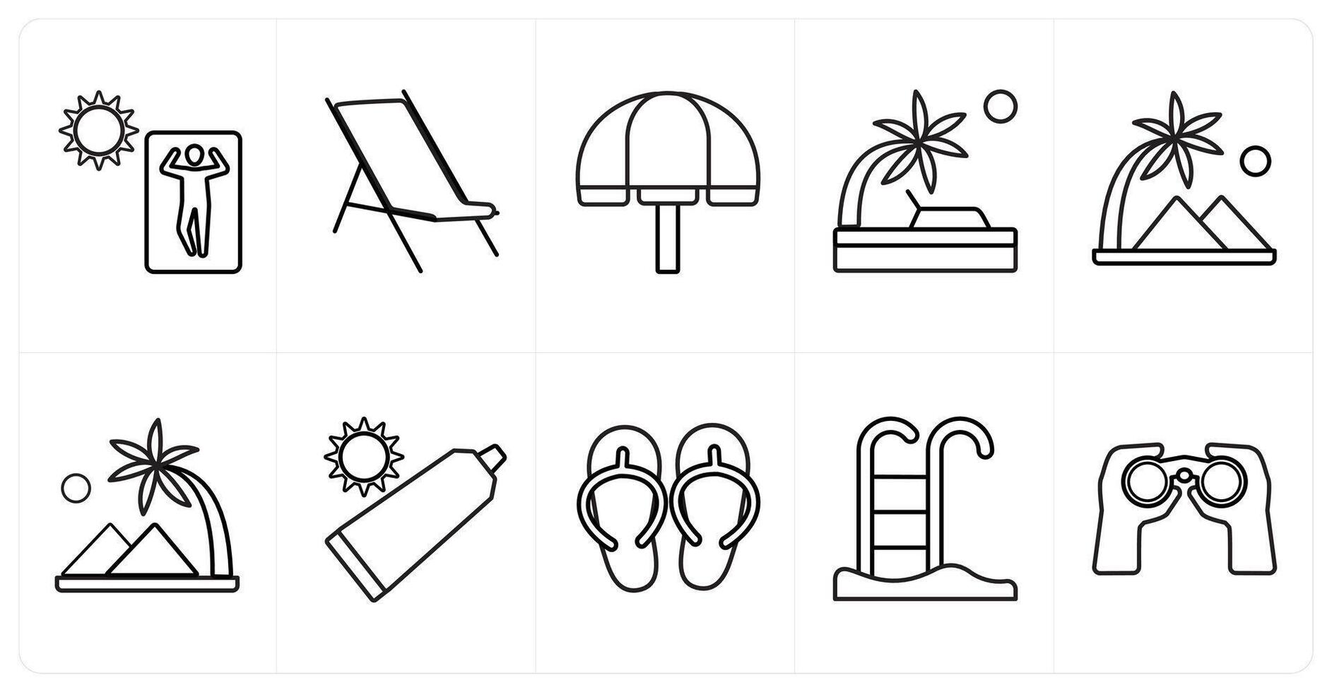 A set of 10 Travel and vacation icons as sunbath, rest, beach in black line color vector