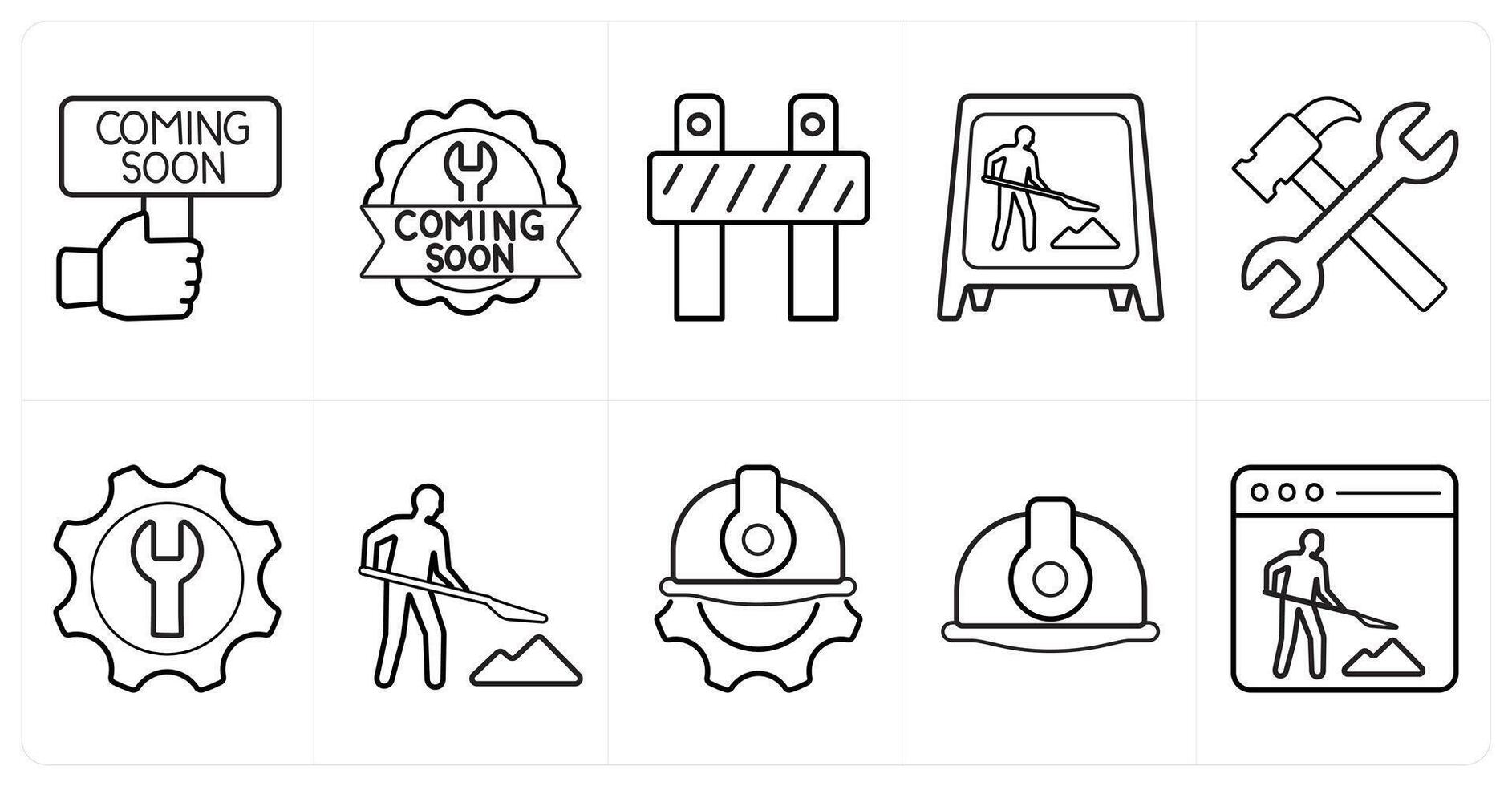 A set of 10 Under Construction icons as coming soon, under maintenance, work in progress in black line color vector