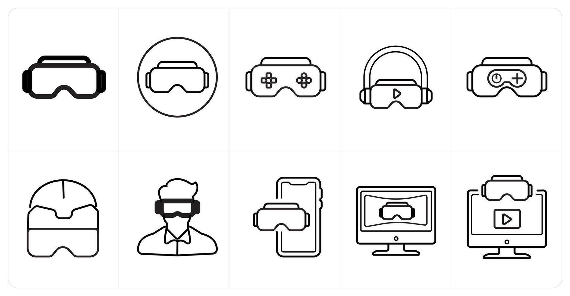 A set of 10 Virtual Reality icons as vr glaases, emotion, game in black line color vector