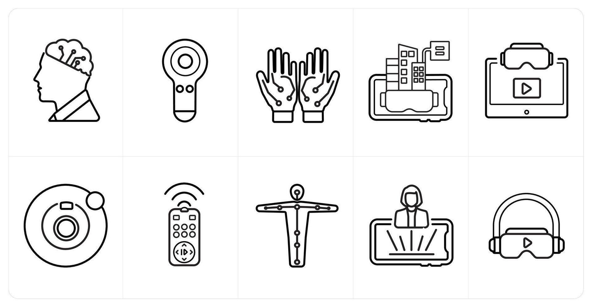 A set of 10 Virtual Reality icons as artificial intelligence, controller, wiblack gloves in black line color vector