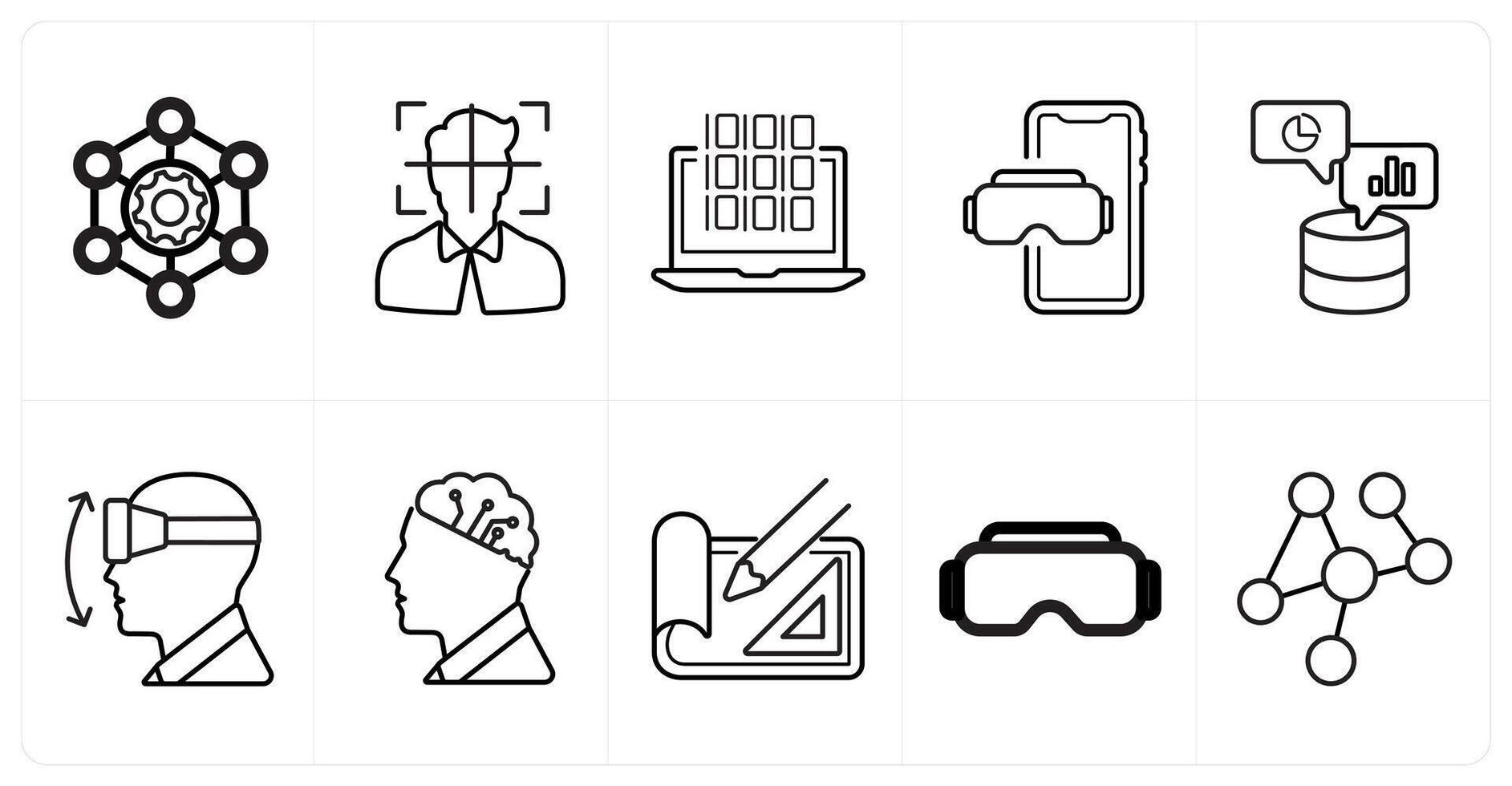 A set of 10 Virtual Reality icons as framework, head tracking, software in black line color vector