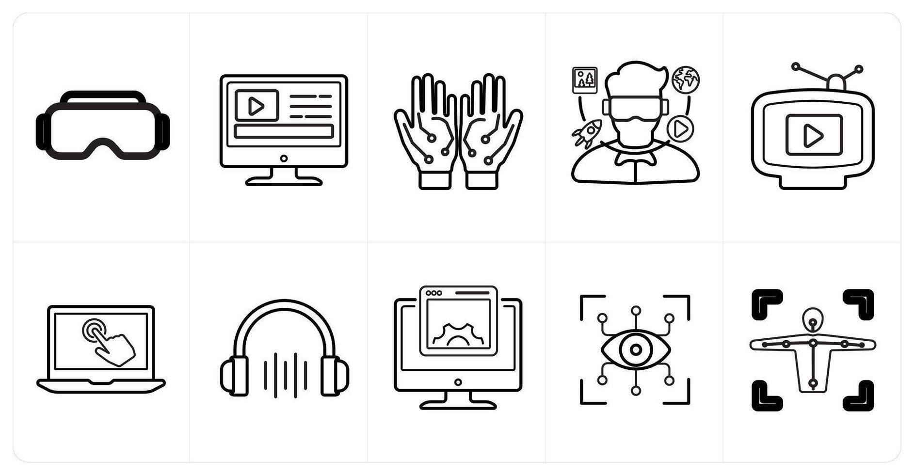 A set of 10 Virtual Reality icons as vr glasses, content, wiblack glasses in black line color vector