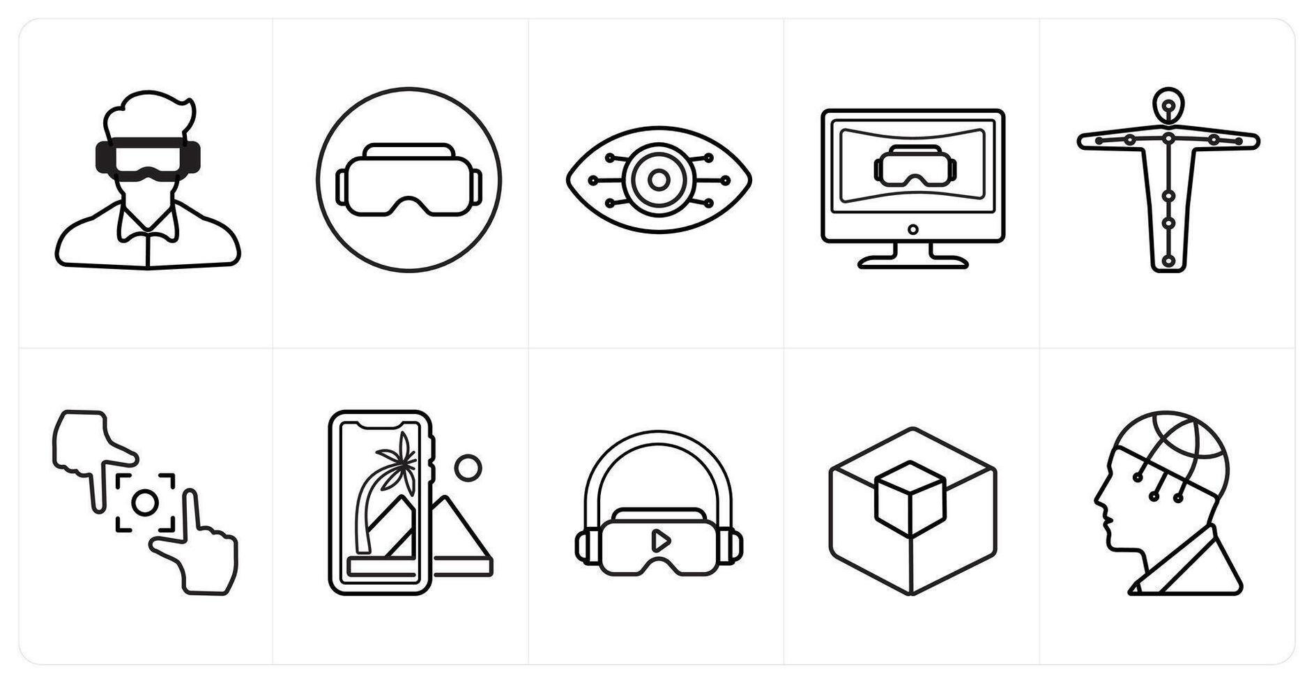 A set of 10 Virtual Reality icons as oculus vr, emotion, cyber eye vision in black line color vector