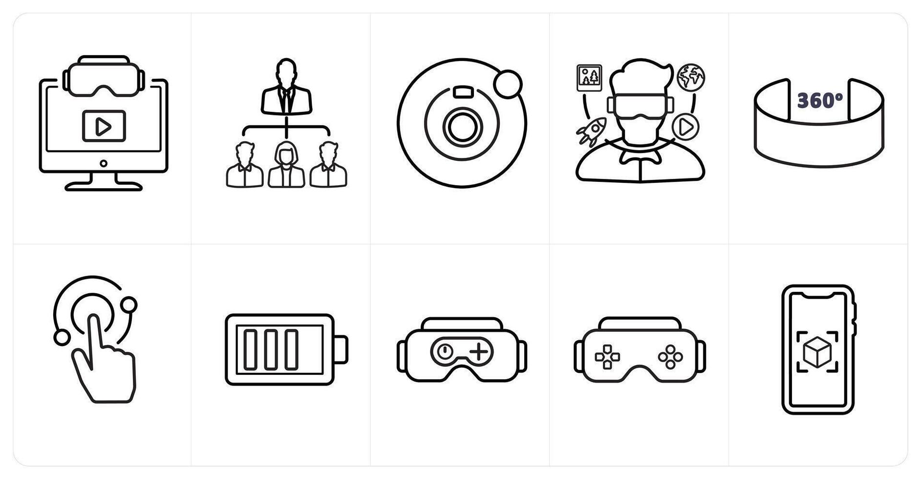 A set of 10 Virtual Reality icons as 3d , social network, camera 360 in black line color vector