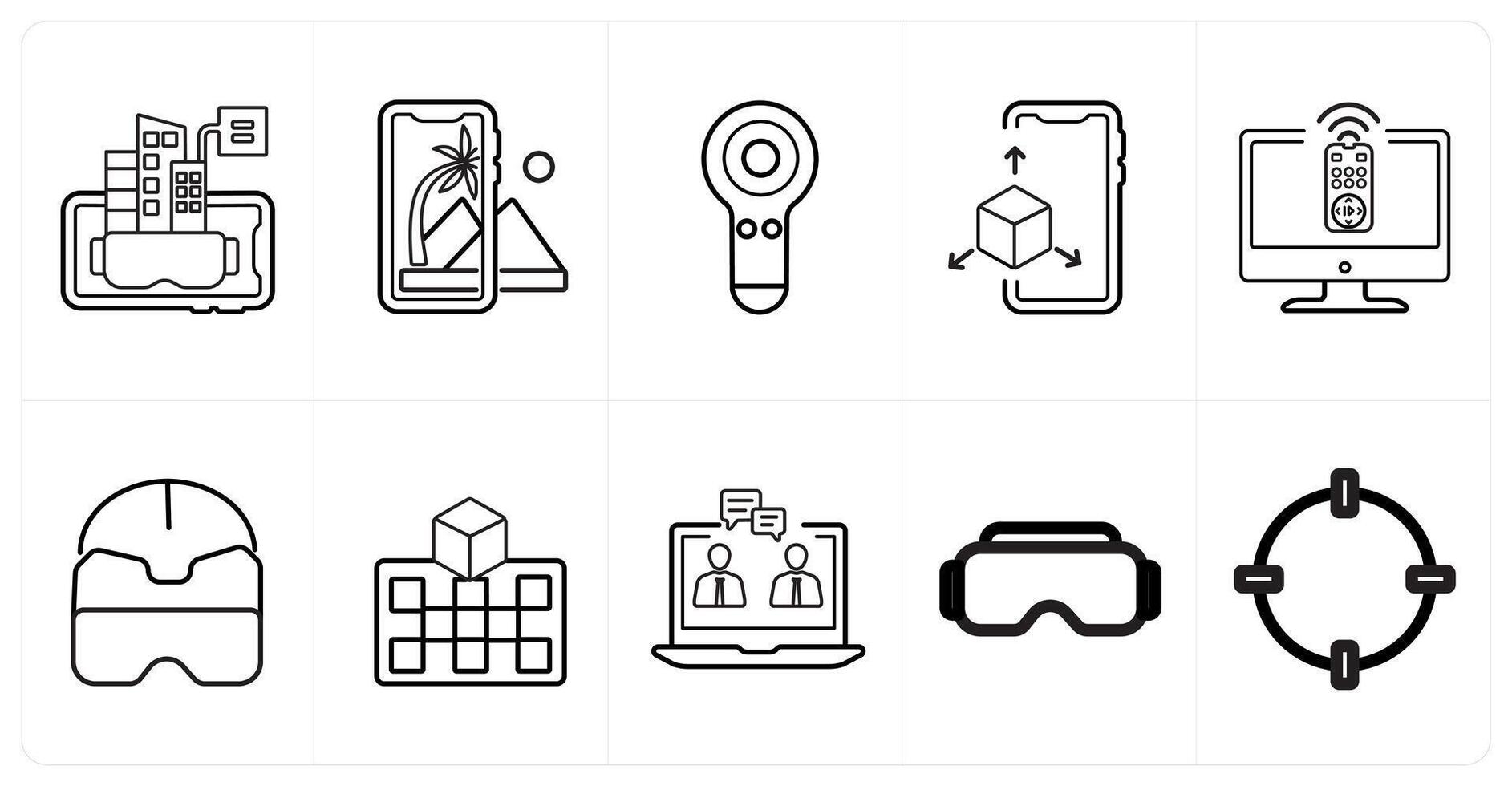 A set of 10 Virtual Reality icons as vr application, controllers, 3d display in black line color vector