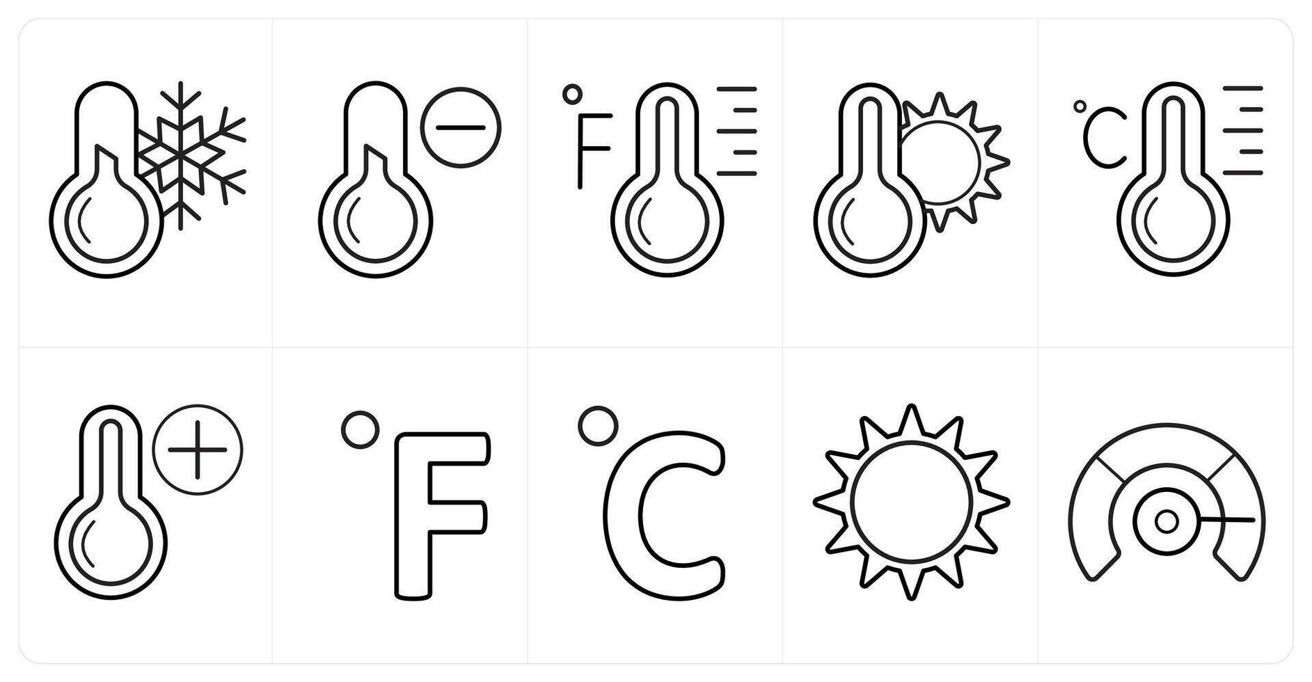 A set of 10 Weather icons as thermometer, cold temperature, fahrenheit in black line color vector