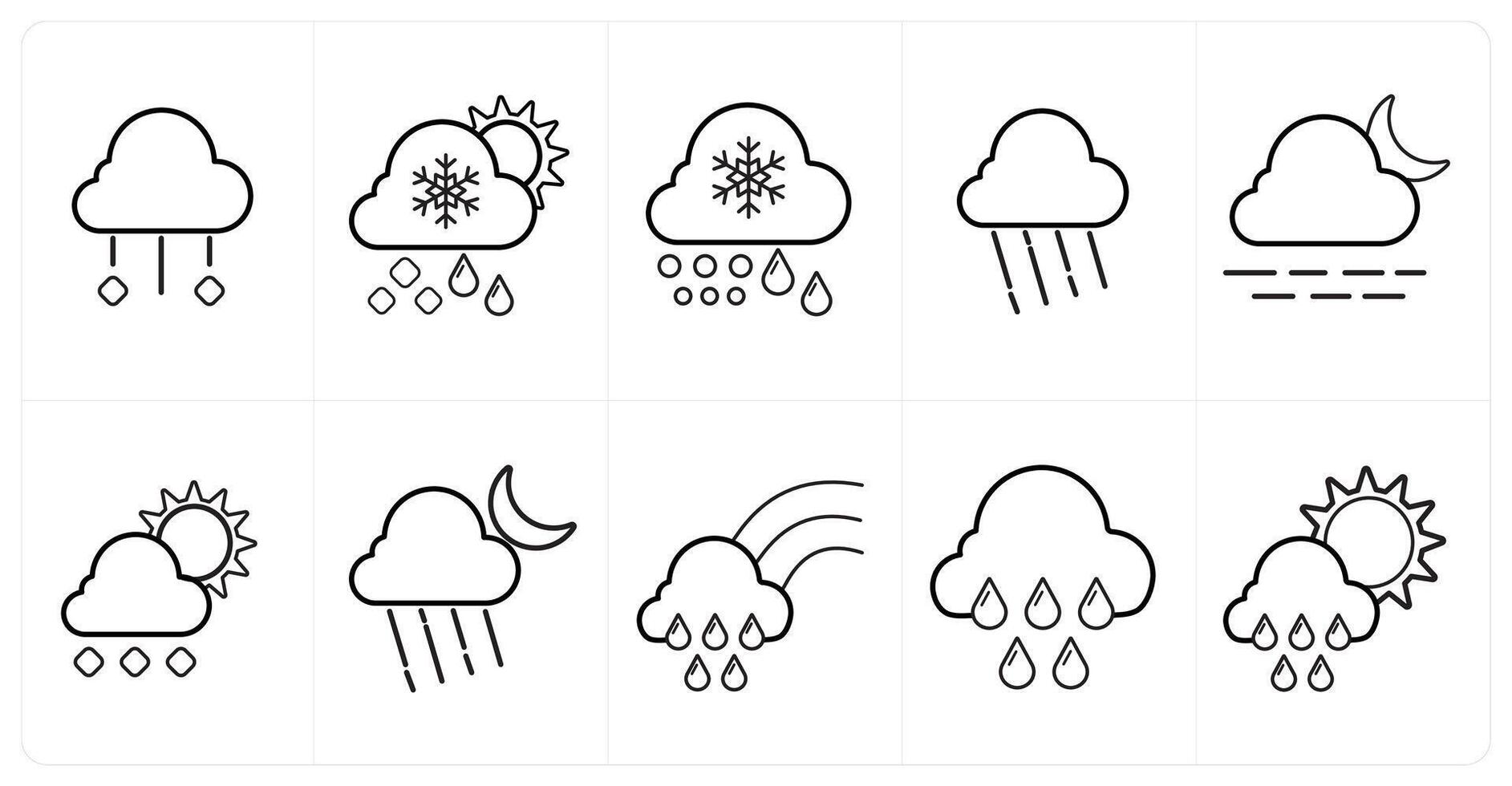 A set of 10 Weather icons as rain, snowfall, rainy cloud in black line color vector