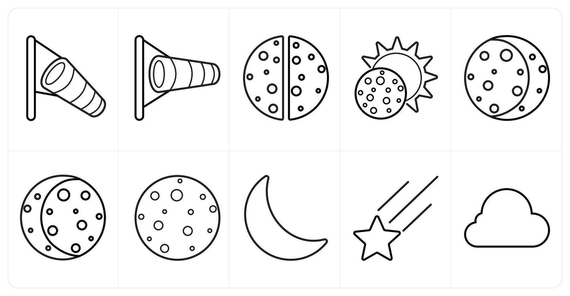 A set of 10 Weather icons as telescope, eclips, solar eclips in black line color vector
