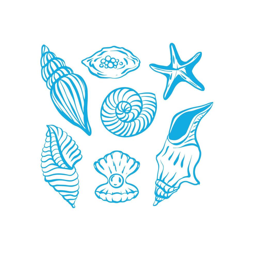 Sea composition with hand drawn seashells, starfish and pearls in blue color. Oceanic card template. illustration vector