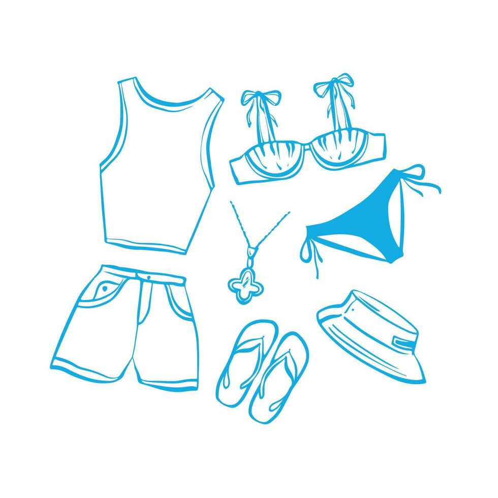 Set of summer clothing in blue color and minimalist flat style. Includes a tank top, shorts, swimsuit, sunhat, sandals and beach accessories. Perfect for fashion, summer and vacation. illustration vector
