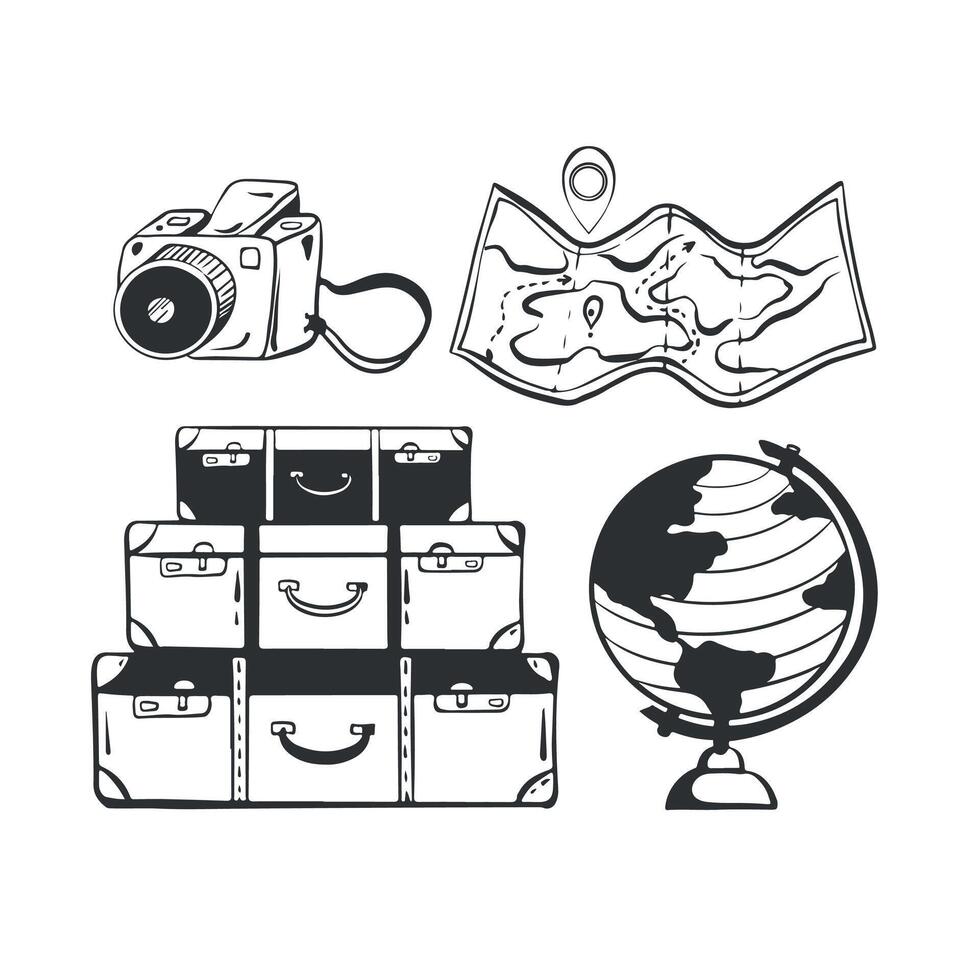 Travel doodle hand drawn icon set in black color. Outline drawing travel tourism line clipart symbols. Suitcases, globe, map, camera. illustration vector