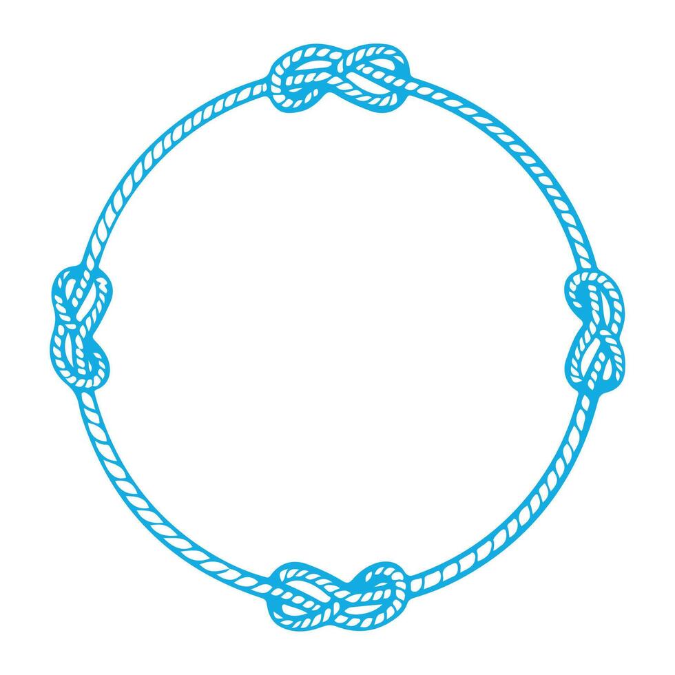Round frame made of ship rope in blue color. Round border made of braided cord. illustration of frame made of marine knots isolated on white background. vector