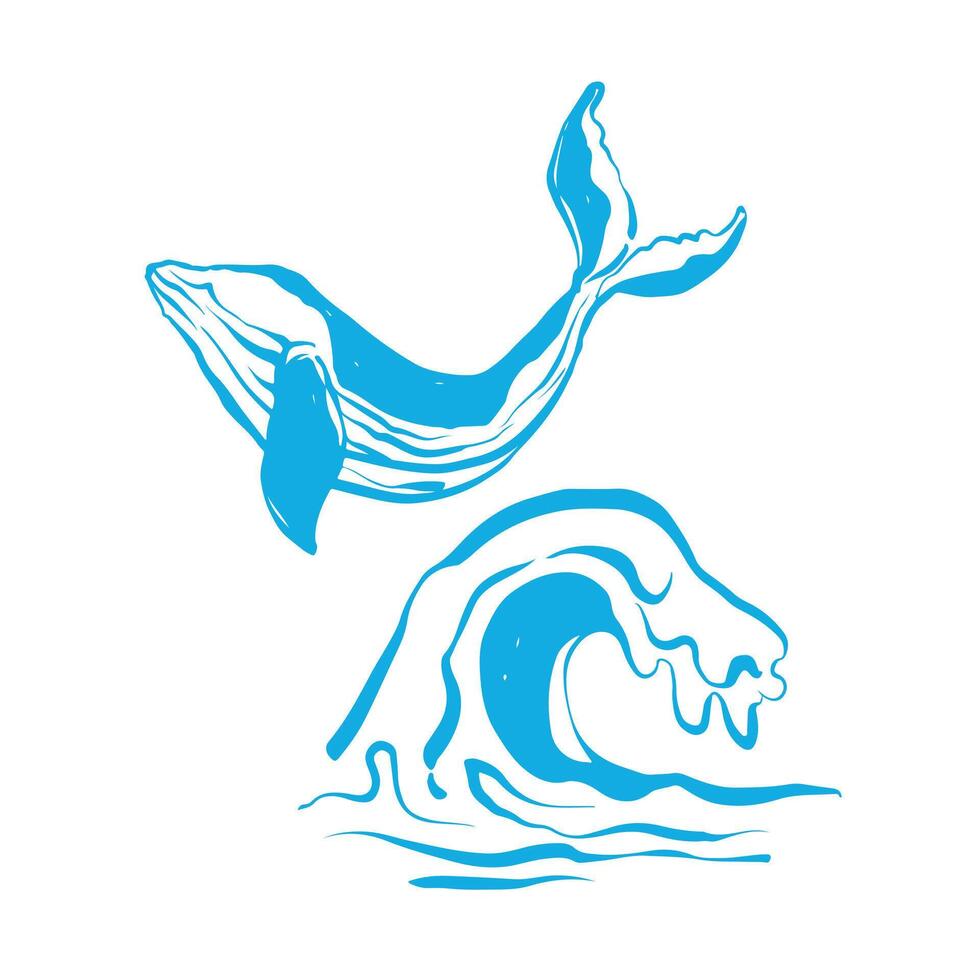 Hand drawn blue whale and wave. Big wave and sea fish in vintage style. Symbol of active recreation, tourism. Engraved illustration for poster, tattoo, t-shirt and postcard design. illustration vector