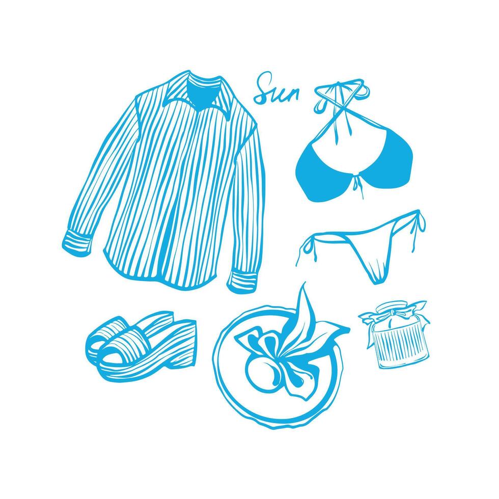 Set of summer clothing in blue color and minimalist flat style. Includes shirt, hat, swimsuit, perfume and sandals. Perfect for fashion, summer and vacation. illustration vector