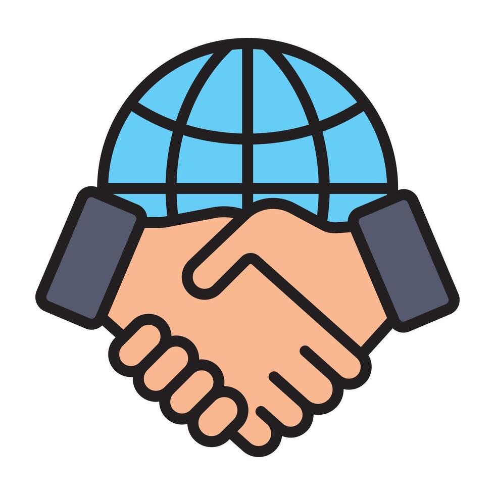 Handshake and global partnership outline icon. vector