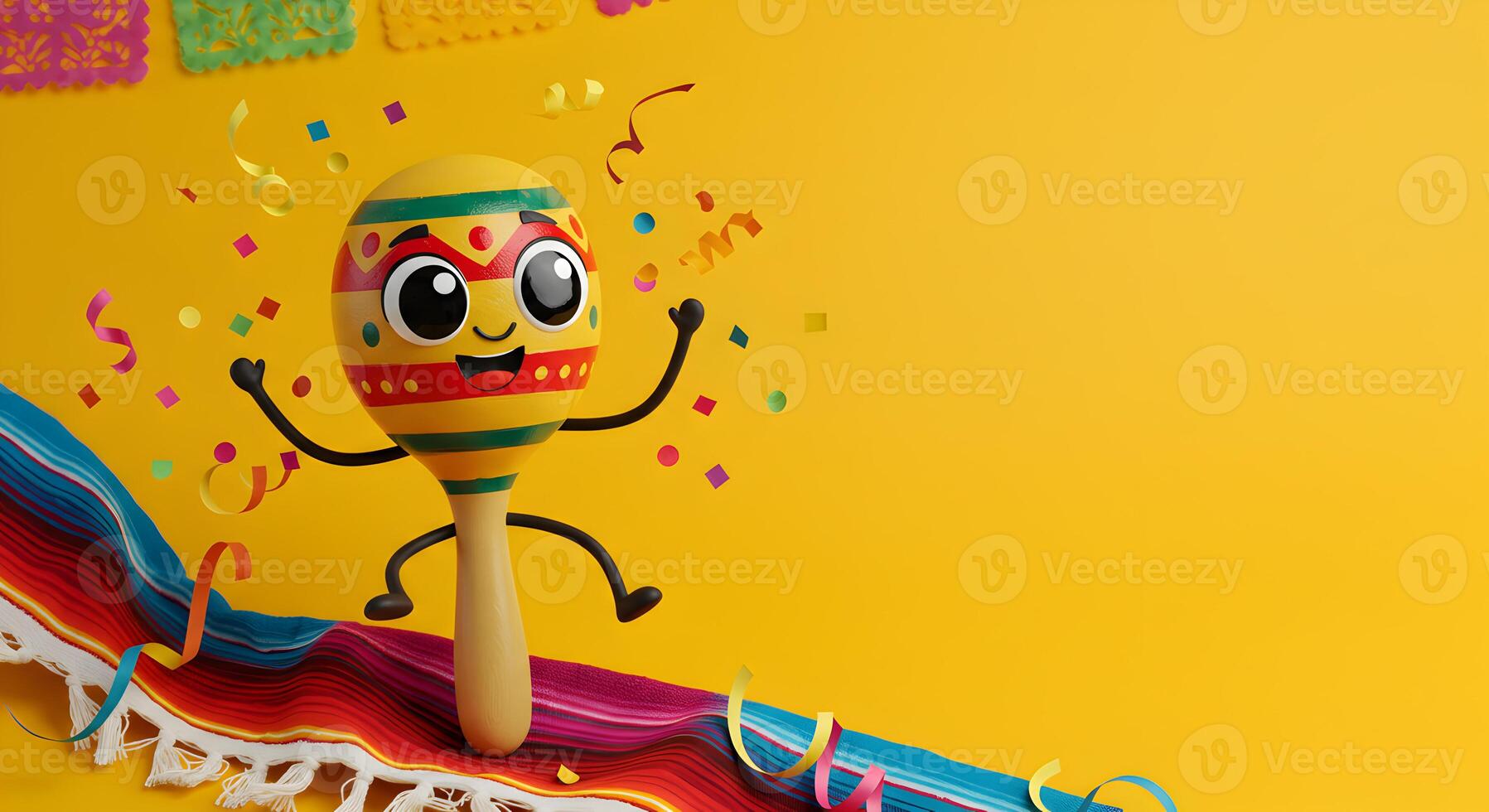 Festive maraca character with smiling face and confetti on a striped Mexican blanket under vibrant papel picado decorations and yellow background with space for text photo