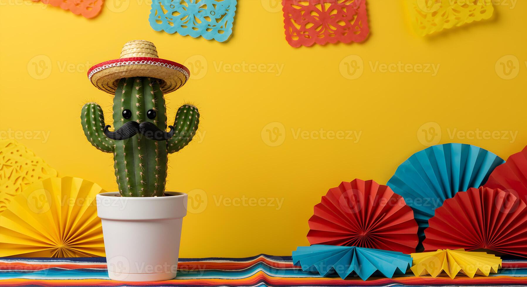 Kawaii cactus in white pot with sombrero and Mexican party backdrop, surrounded by colorful paper fans and a yellow fiesta backdrop, with space for text, ideal for banner, background or wallpaper photo