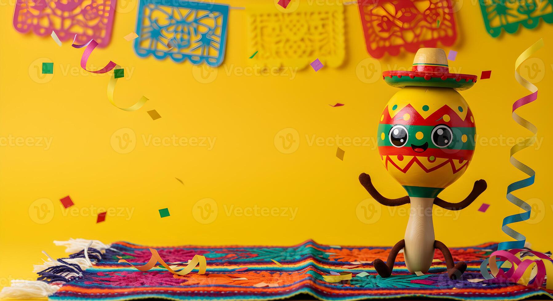 Colorful maracas with cartoon faces and arms on a striped Mexican tablecloth, vibrant papel picado decorations, and a yellow background with space for text photo
