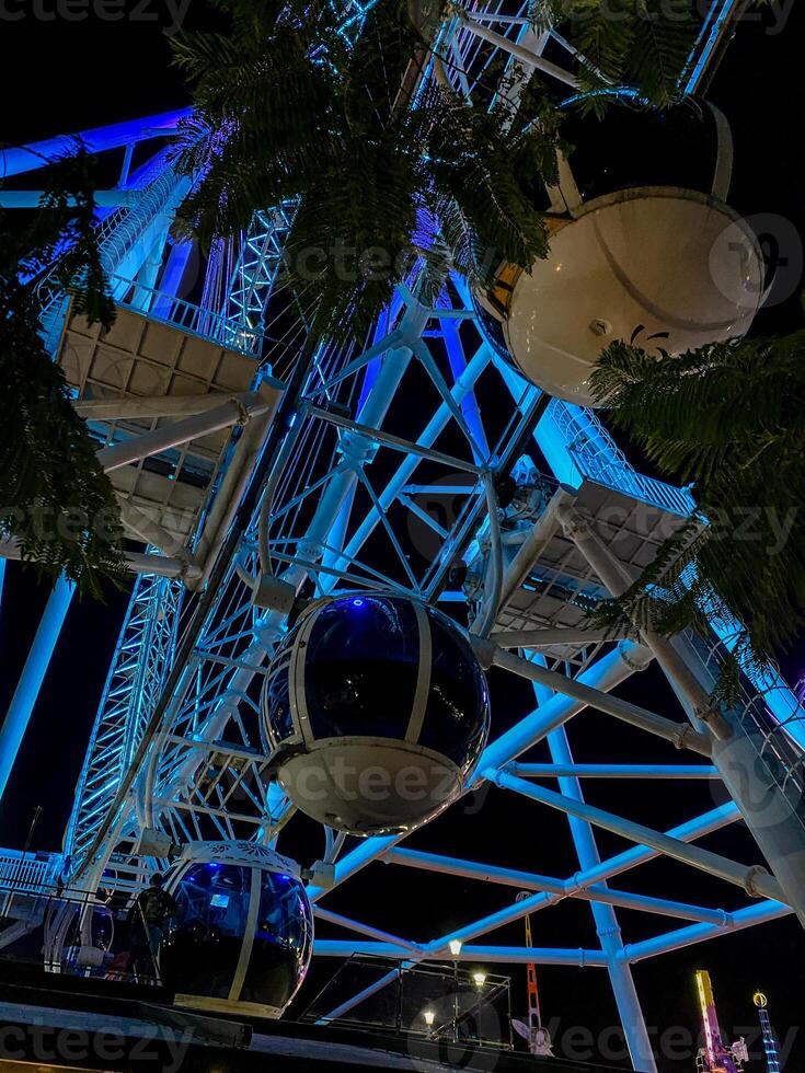 Close-up of ferris wheel cabins illuminated with vibrant blue neon lights at night framed by tropical palm leaves, creating a festive and magical atmosphere perfect for leisure and travel themes photo