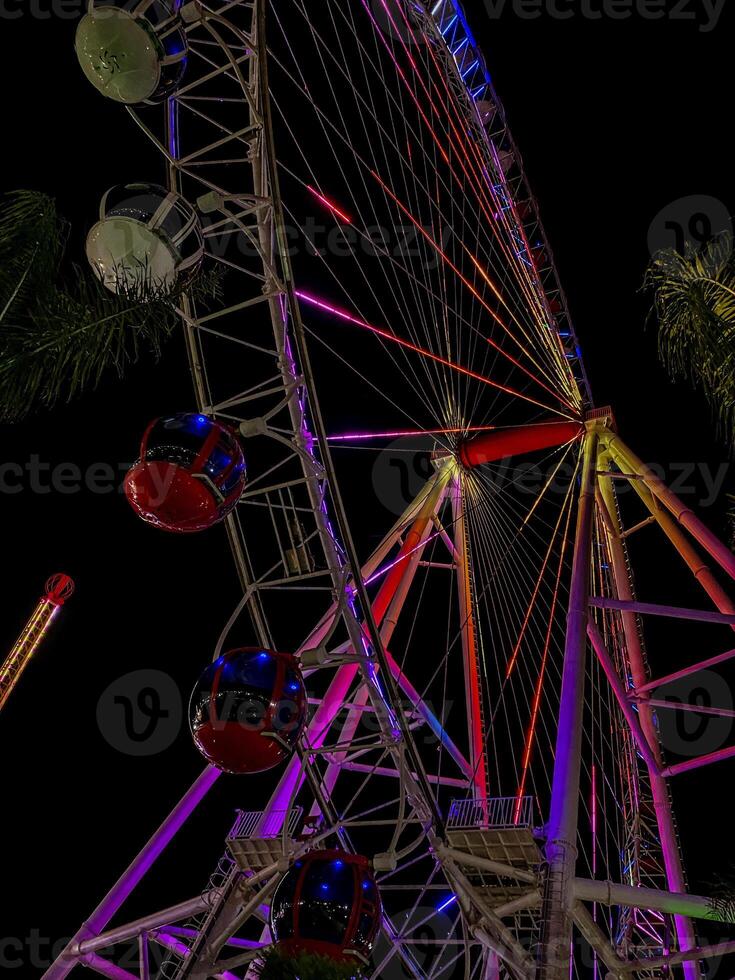 Colorful illuminated ferris wheel at night with vibrant neon lights and palm trees under a dark sky, creating a festive and magical tropical atmosphere perfect for travel and leisure themes photo