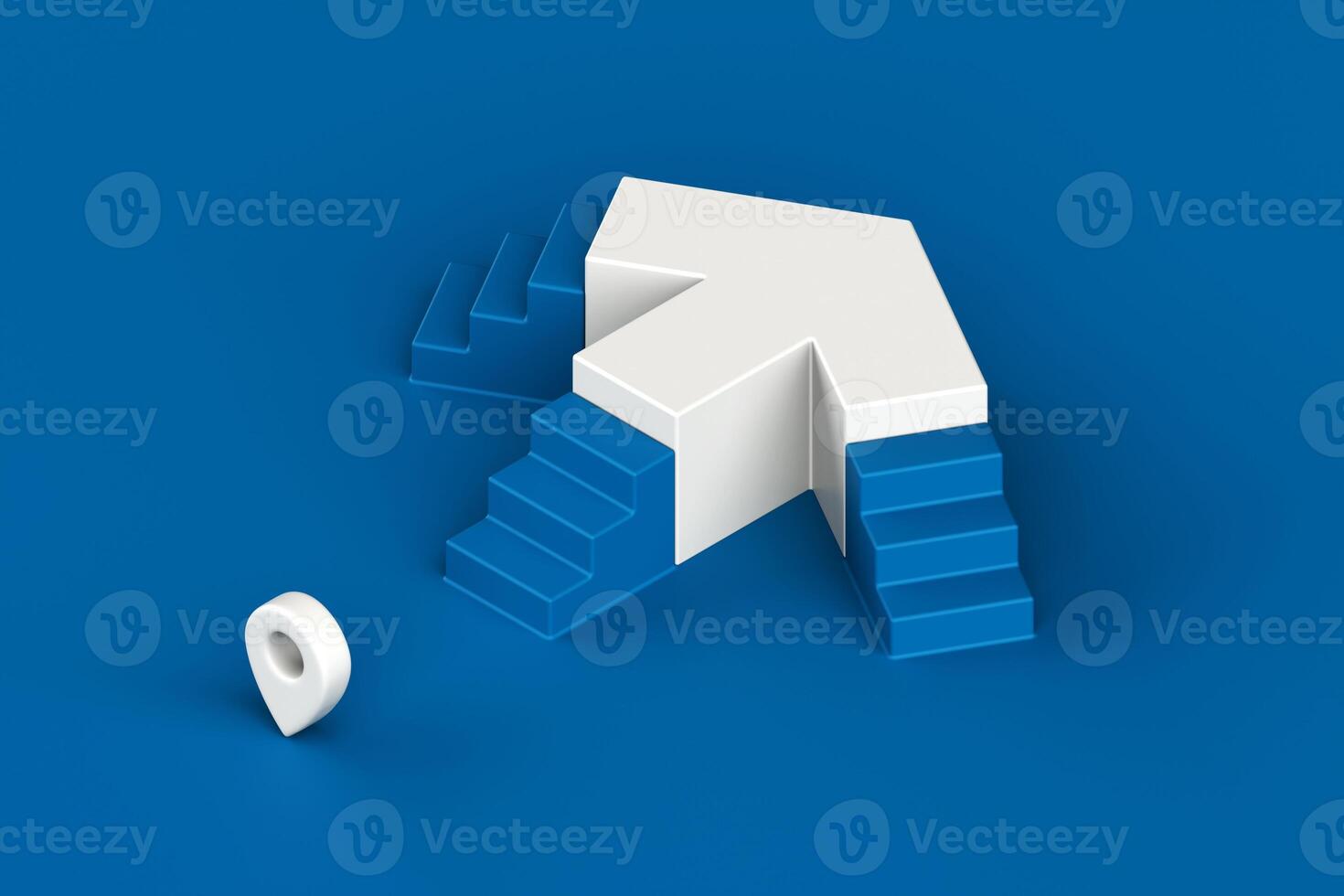 White arrow pointing upward with three blue staircases, symbolizing growth, success, and multiple strategic paths, 3d rendering in minimal style photo