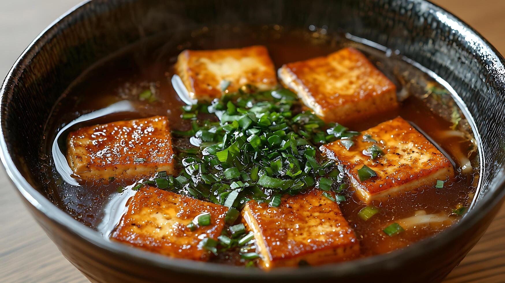 Close Up of Pan-Fried Tofu in Savory Broth with Green Onions. photo