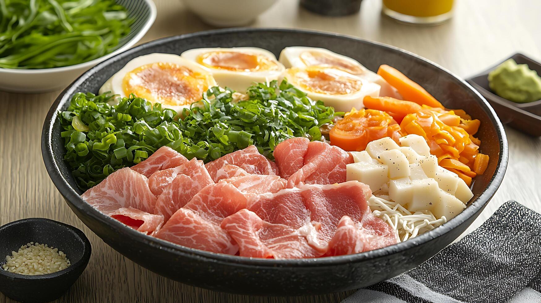 Delicious Asian-inspired Bowl with Sliced Pork, Soft Boiled Eggs, and Fresh Vegetables. photo