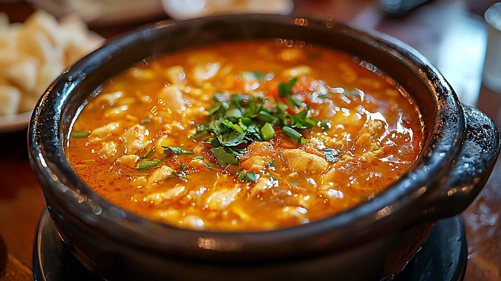 Close Up of a Spicy, Savory Stew in a Clay Pot. photo