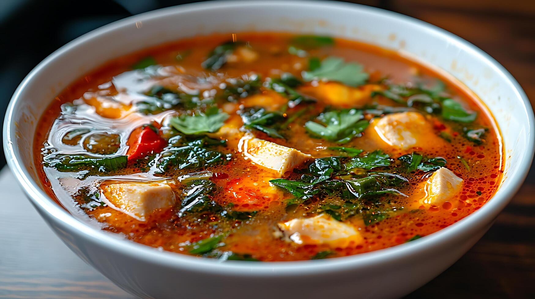 Close up of Spicy Tofu Soup in a White Bowl. A vibrant and delicious Asian-inspired culinary image. photo