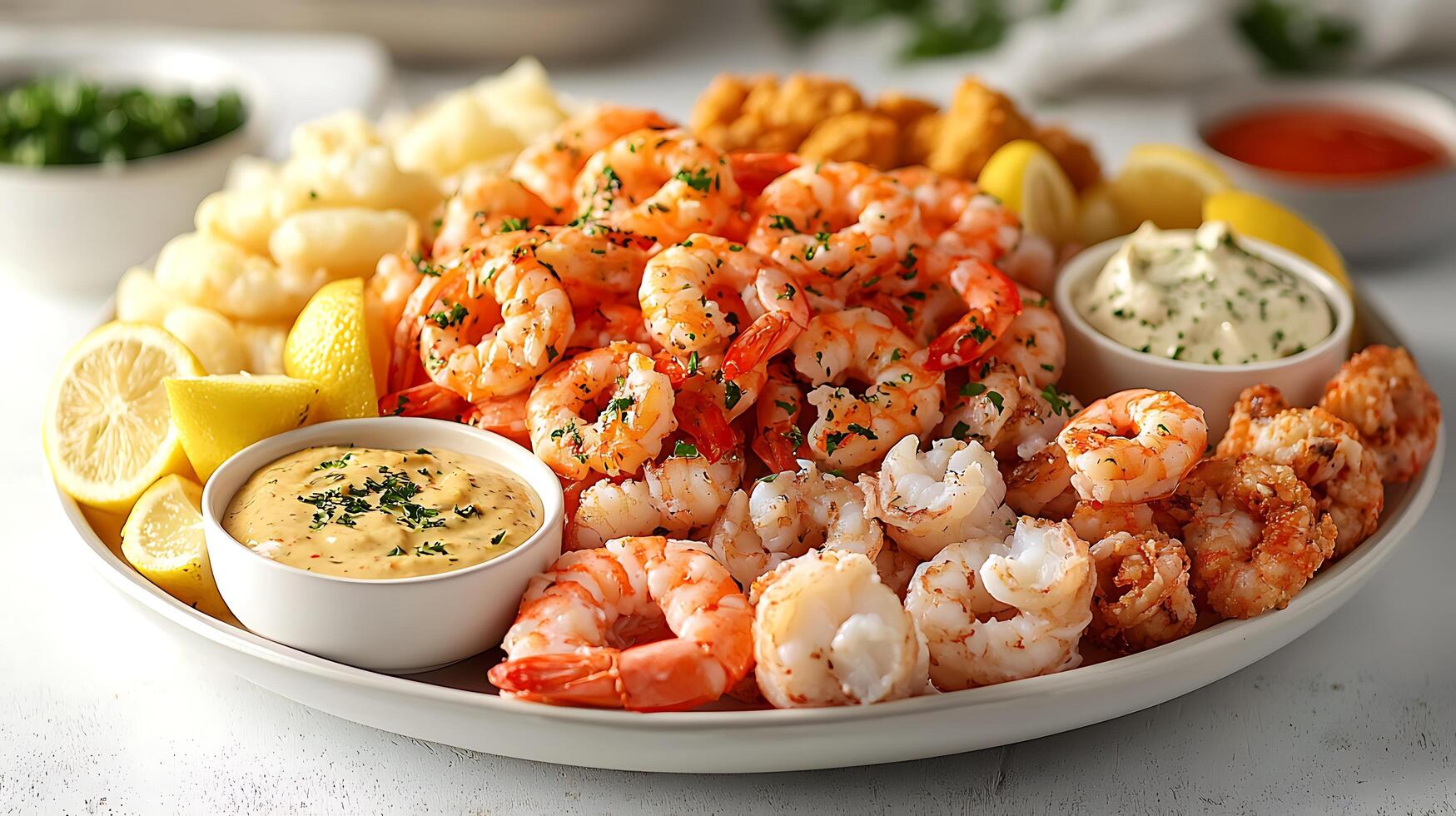 A platter of shrimp, potatoes and other foods photo