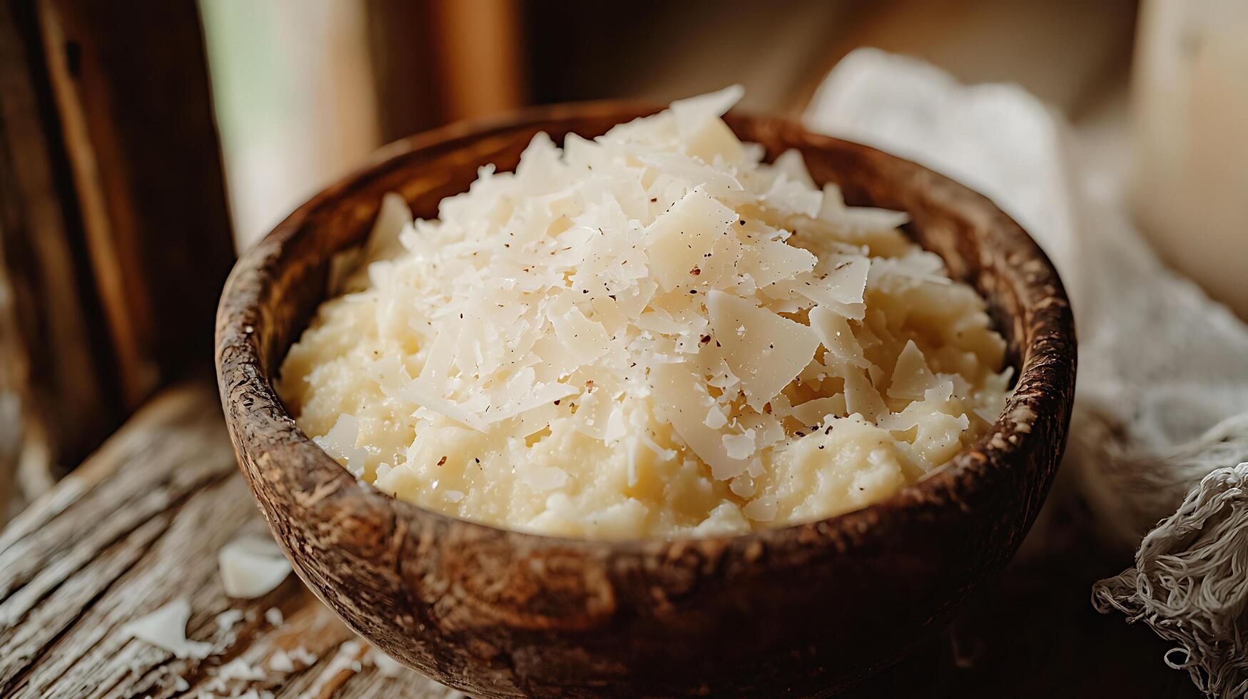 Creamy Polenta with Parmesan Cheese in Rustic Wooden Bowl. A close up food photography image ideal for culinary blogs, cookbooks, and restaurant menus. photo
