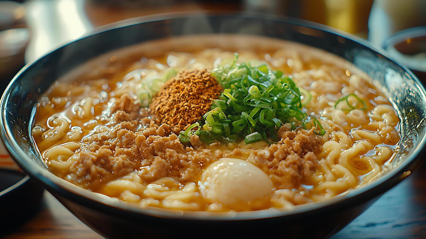 Close up of a delicious bowl of ramen noodles topped with ground meat, green onions, and a soft boiled egg. photo